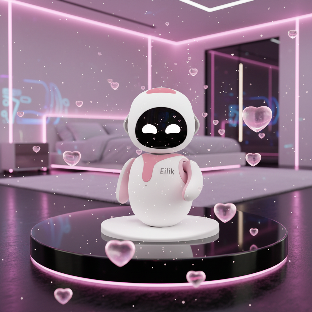 White robot toy with black face and 'Eilik' branding on a pink background