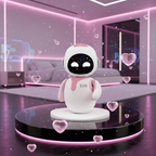 White robot toy with black face and 'Eilik' branding on a pink background