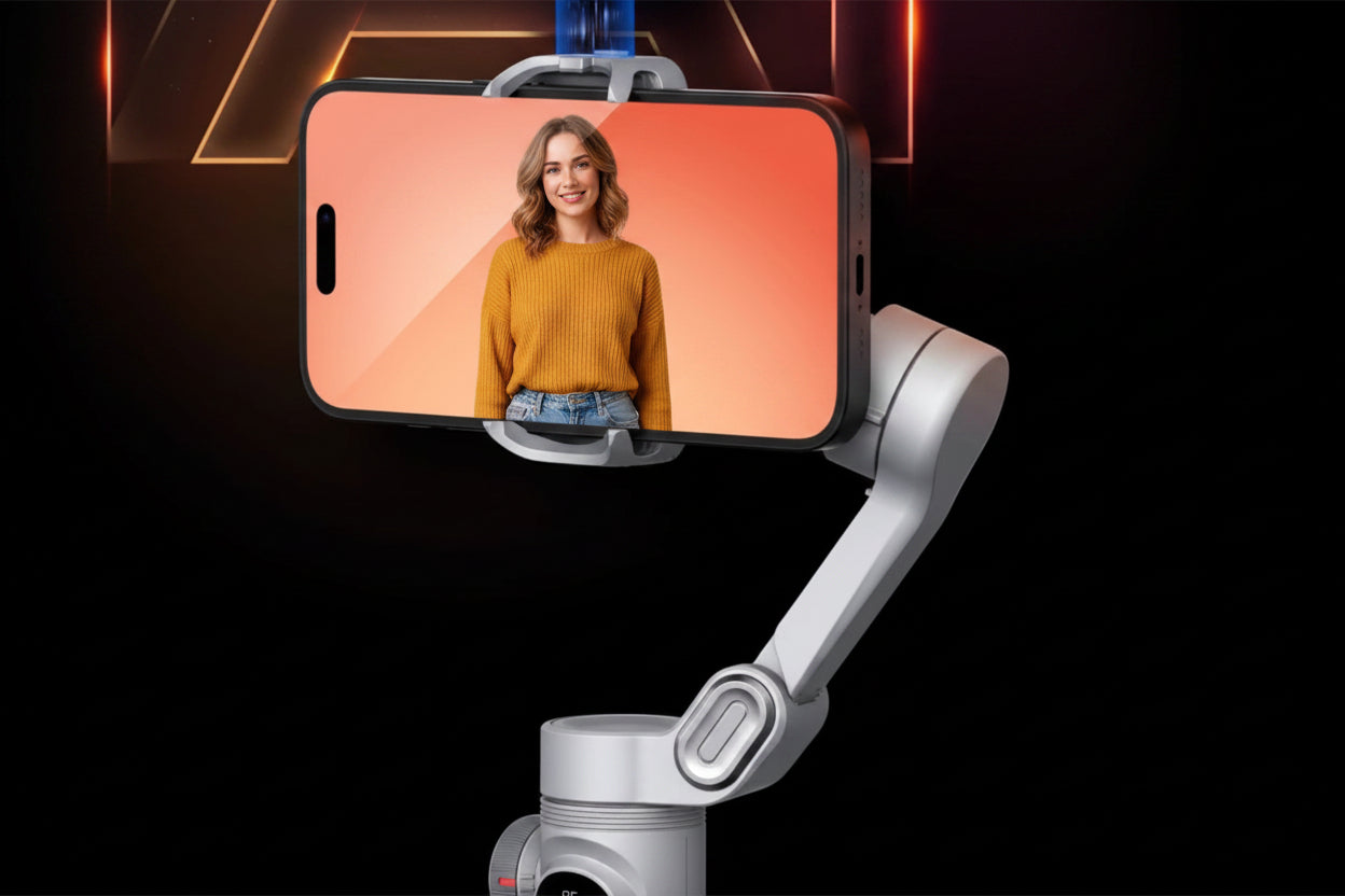 Smartphone with a person on screen displayed on a phone holder with 'AI Face Tracking' label.