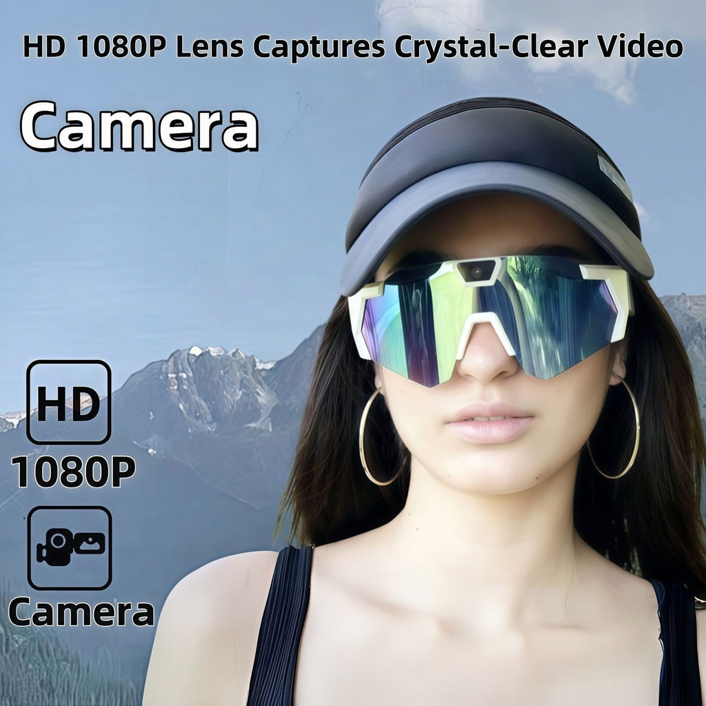 Person wearing reflective sunglasses with mountains in the background, text about HD 1080P camera quality.