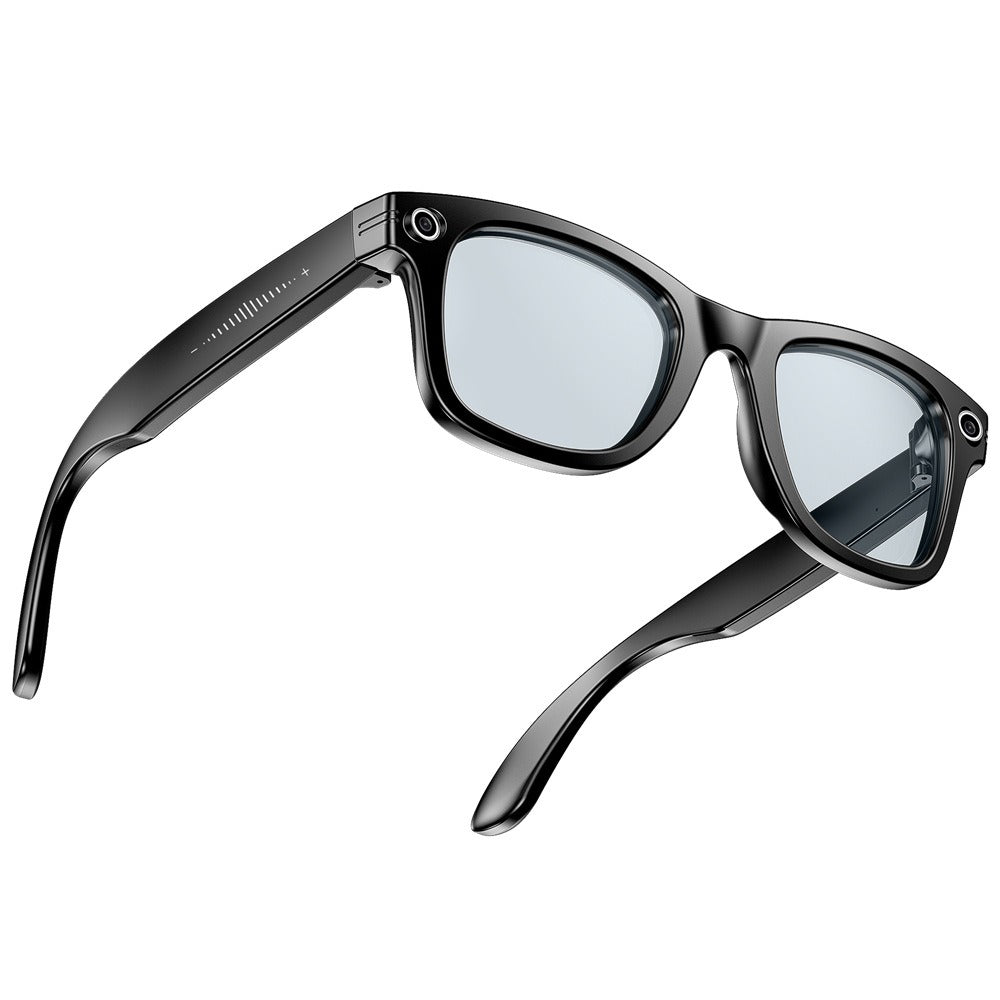 Smart glasses with futuristic design on a blue background with digital elements