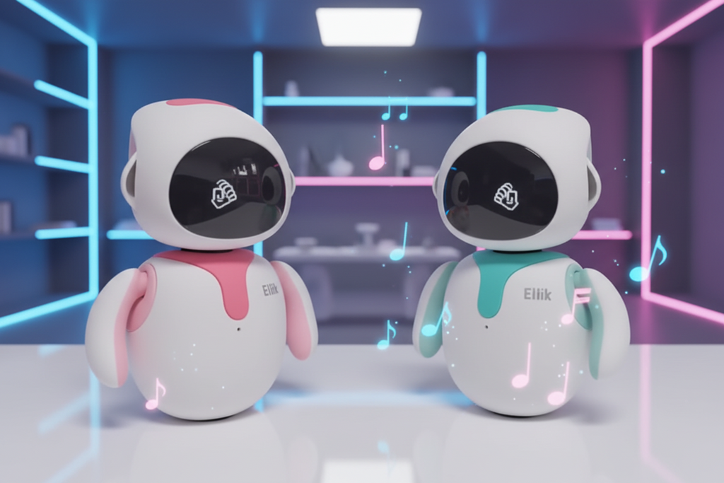 Two colorful robots on a yellow surface with a blurred background