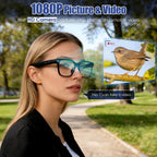 Woman wearing glasses with a bird on a branch inset, outdoors.