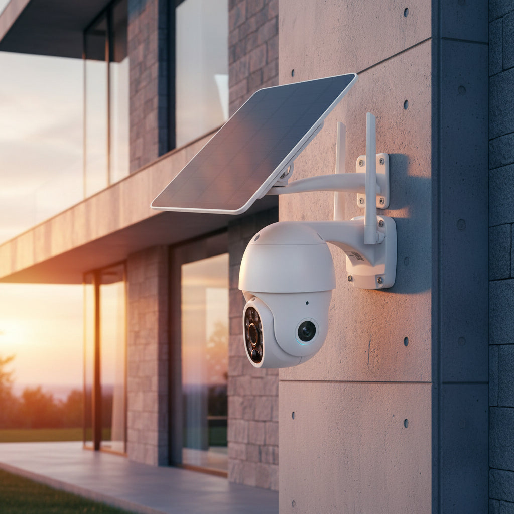 Tuya Smart security camera with solar panel on a white background