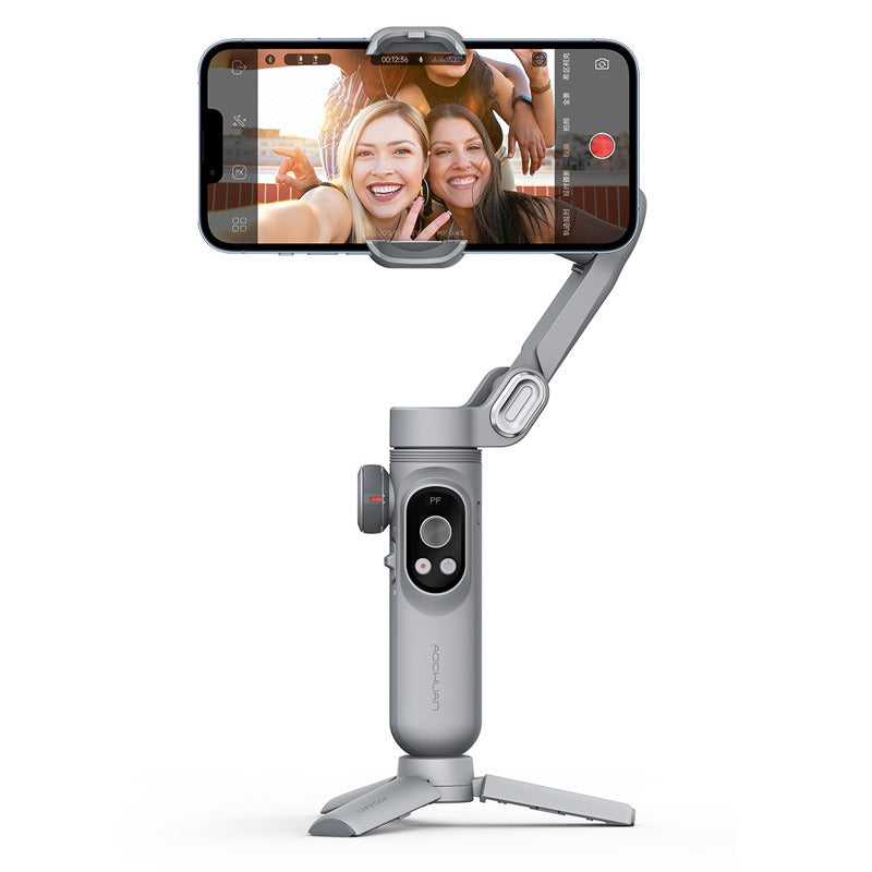 Smartphone held by a gimbal with a screen displaying a video call on a white background