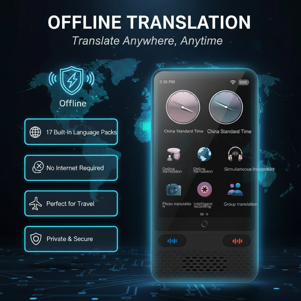 Smart device with offline translation features on a black background