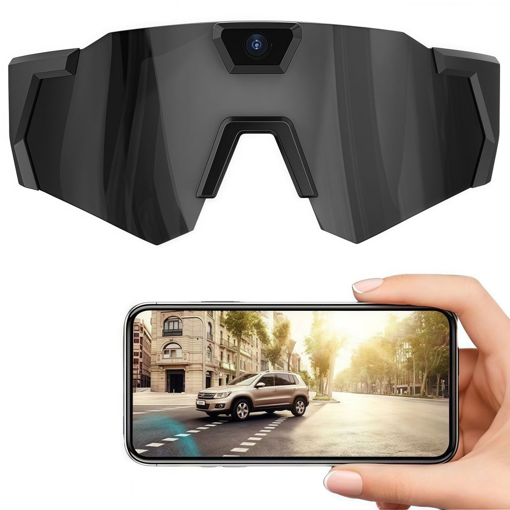 Black goggles with a camera on top, displayed above a smartphone showing a street scene.