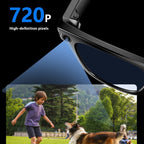 Sunglasses with a camera lens, showing a child and dog in a park through the screen.