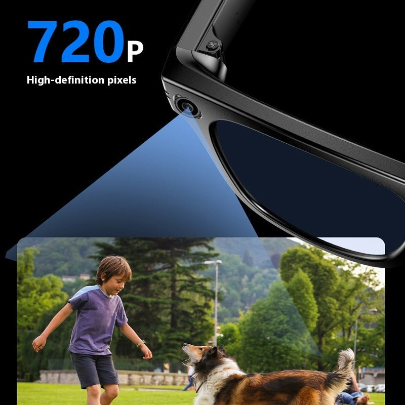 Sunglasses with a camera lens, showing a child and dog in a park through the screen.