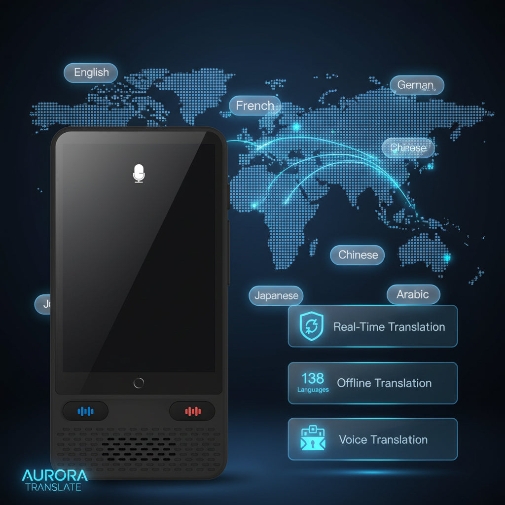 Online translation device with text interface and world map on a dark background