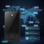 Online translation device with text interface and world map on a dark background