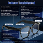 Glasses with control buttons and features on a blue background