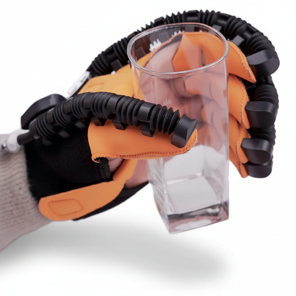 Hand wearing an orange and black glove holding a clear glass container.