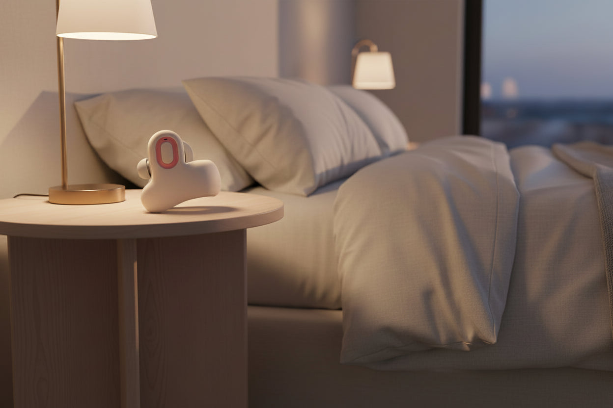 White and gray wireless earbuds with a pink accent on a white background