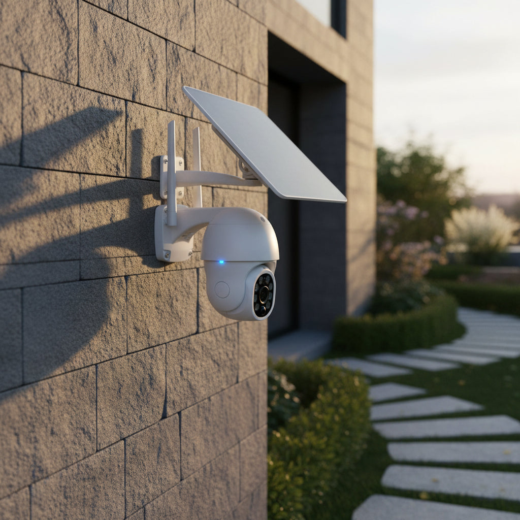 Tuya Smart security camera with solar panel on a white background