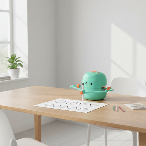 Green cartoon-like container with a pen on a white background