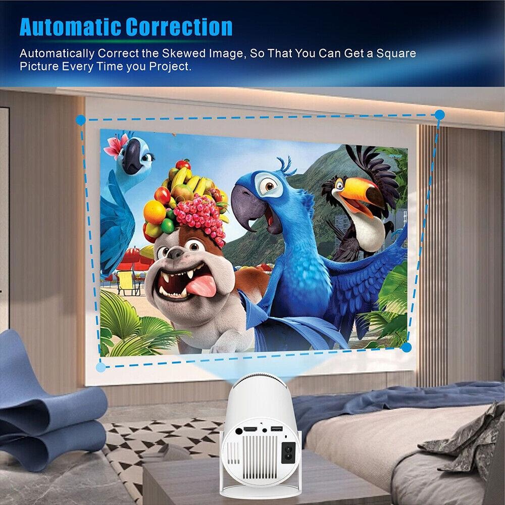 Projector displaying animated characters on a screen with text about automatic correction.