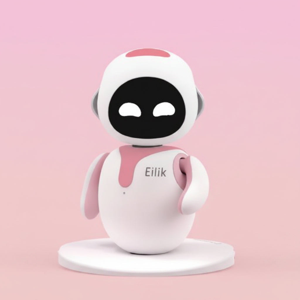 Small robot toy with 'Eilik' branding on a pink background