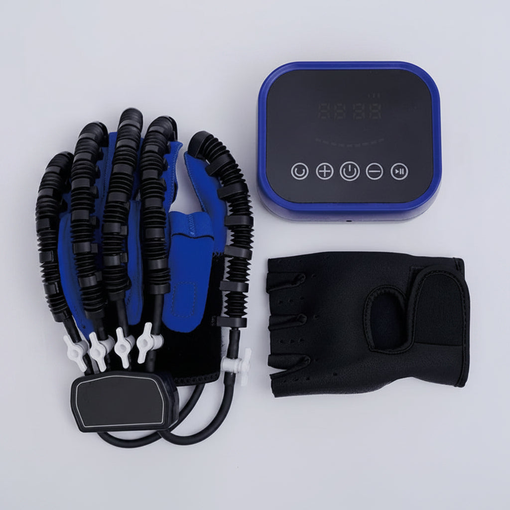 Set of resistance bands, a glove, and a control device on a white background