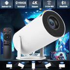 White camera on a stand with remote control and feature icons on a dark background