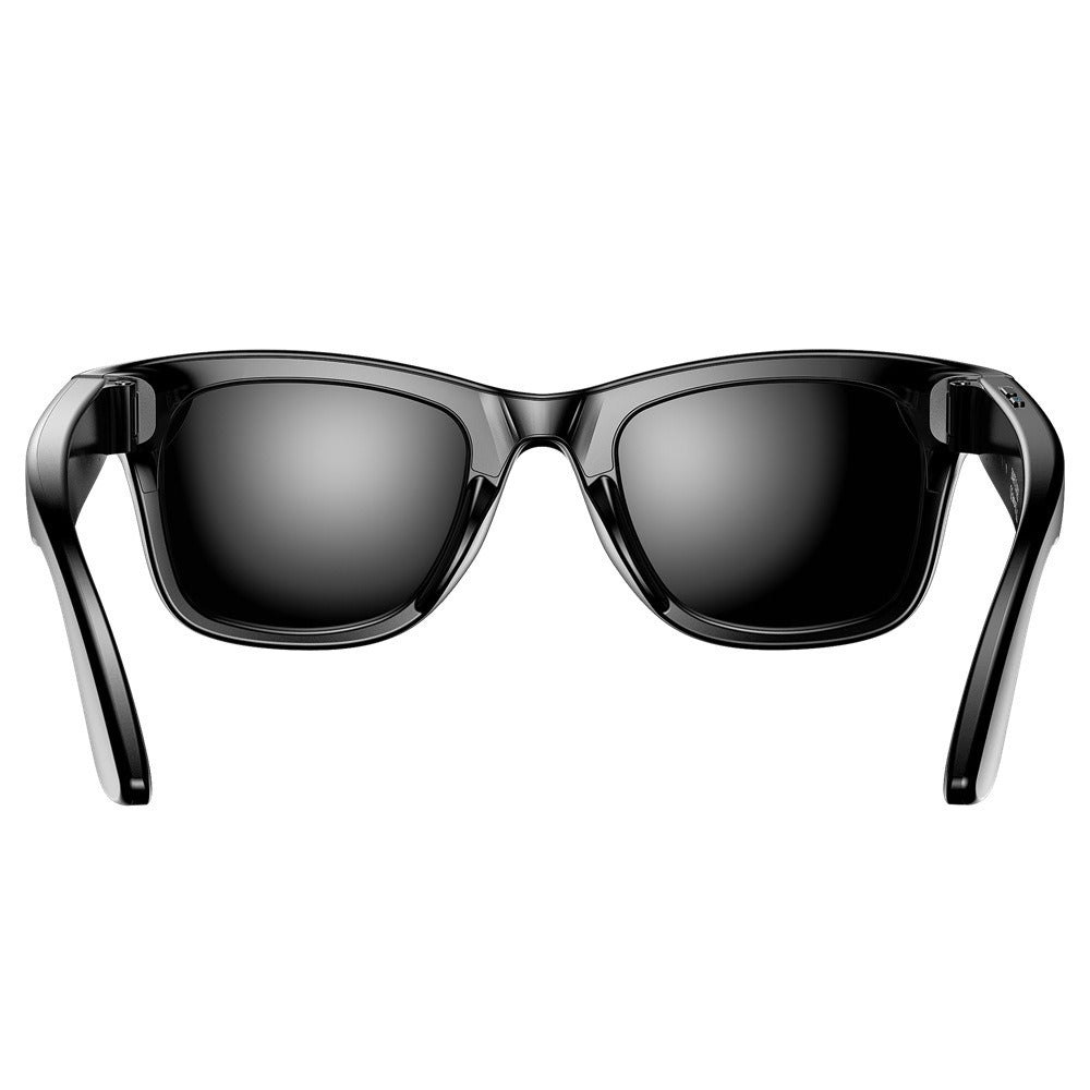 Black sunglasses with reflective lenses on a white background