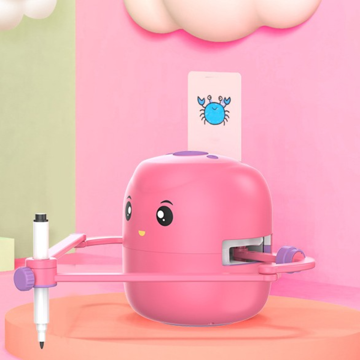 Pink cartoon-style stapler on a pink background with a colorful wall and light fixture.