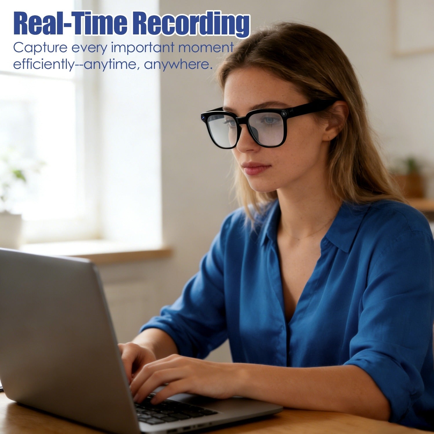 Woman using a laptop with text about real-time recording
