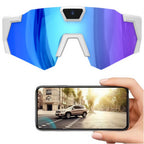 Sunglasses with blue and purple gradient lenses and a phone displaying a street scene.