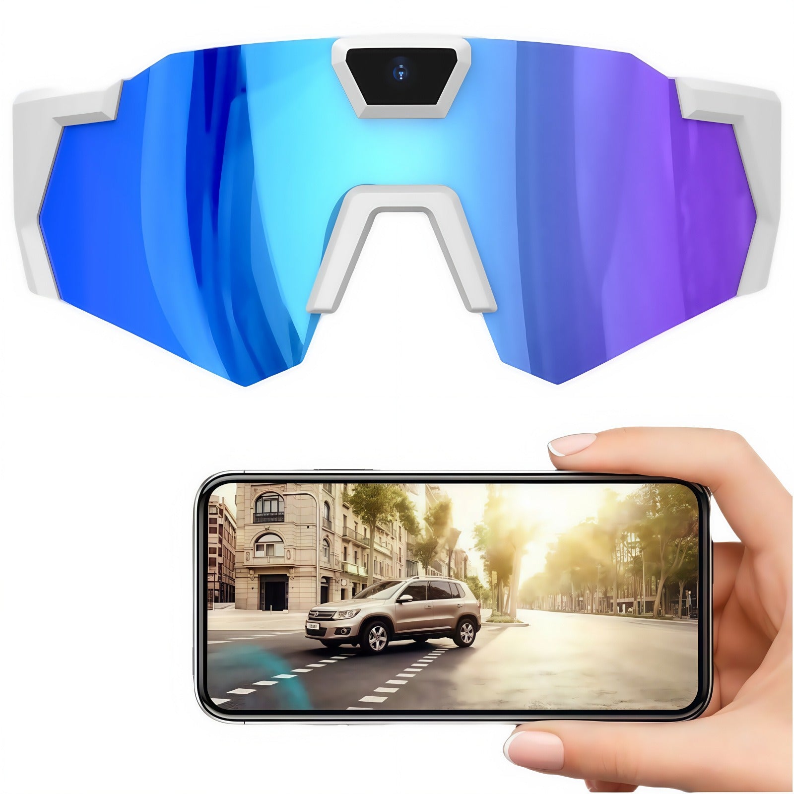 Sunglasses with blue and purple gradient lenses and a phone displaying a street scene.